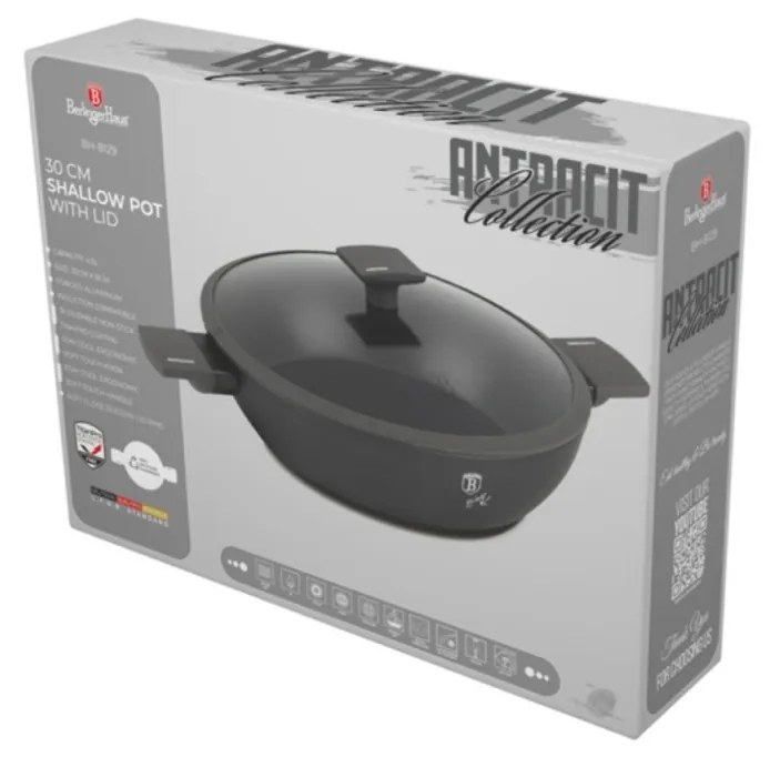 Cratiță cu capac 30 cm, 4.5L – Berlinger Haus Anthracite Collection BH 8129, cu strat antiaderent titan, design modern, gri antracit