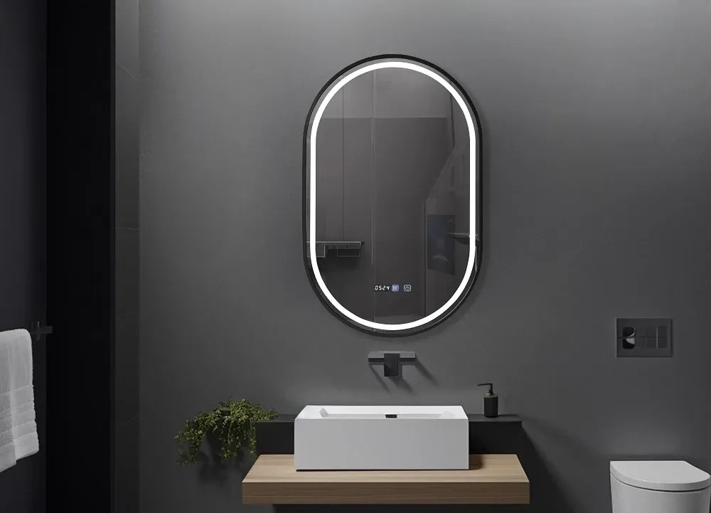 RESIGILAT- Oglinda baie, Multifuncțională, Iluminare LED 3 culori, Ceas încorporat, Sistem Dezaburire, Rama Negru, 50x80 cm