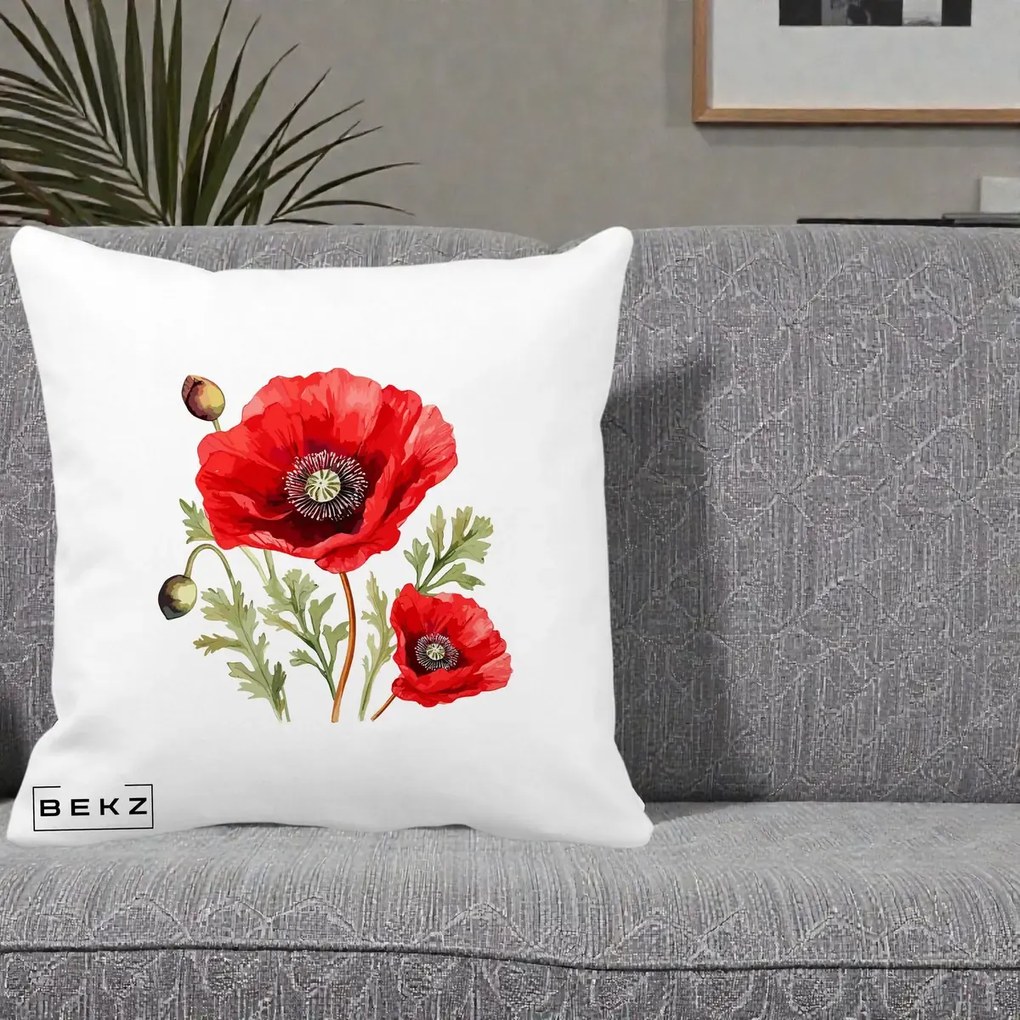 Perna Decorativa Maci Rosii Acuarela, 40x40 cm, Alba Mata, Husa Detasabila, Perna Inclusa, BEKZ®