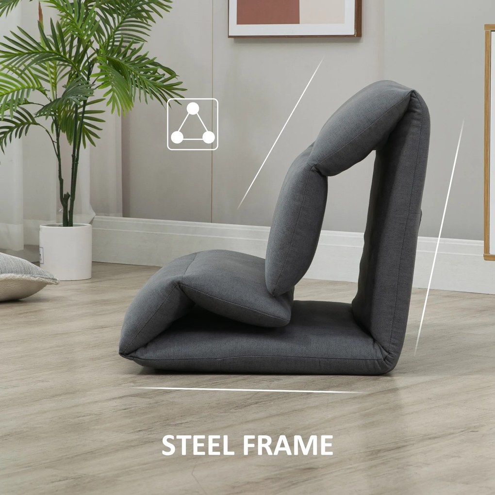 HOMCOM Fotoliu de podea Relax cu spatar rabatabil, scaun de pat de o persoana din material si otel, 71x72x60cm, gri inchis | AOSOM RO