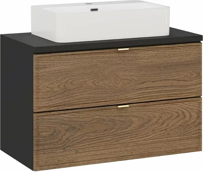 Set dulap baza suspendat 80 cm cu blat si lavoar Comad Talia negru mat si stejar Casella