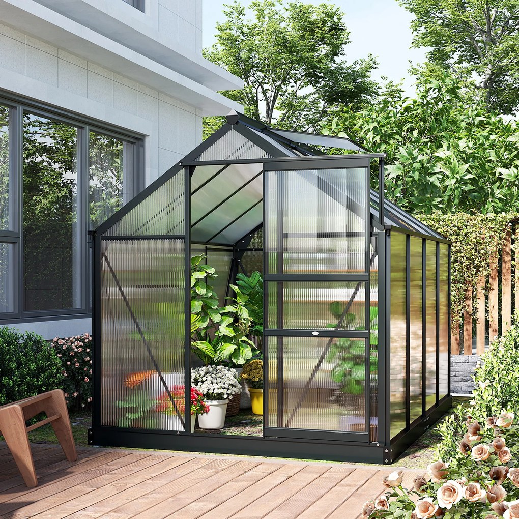 Outsunny Seră de Grădină, Seră din Policarbonat și Aluminiu cu Ușă Culisantă, Ventilație pe Acoperiș și Jgheab, 190x192x201 cm, Gri | Aosom Romania