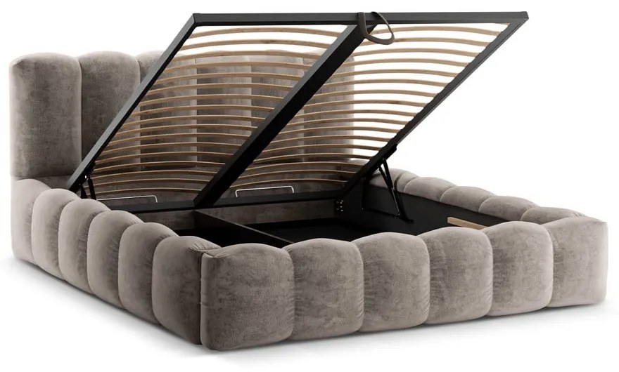 Pat matrimonial maro deschis tapițat cu spațiu de depozitare cu somieră 180x200 cm Lupine – Micadoni Home