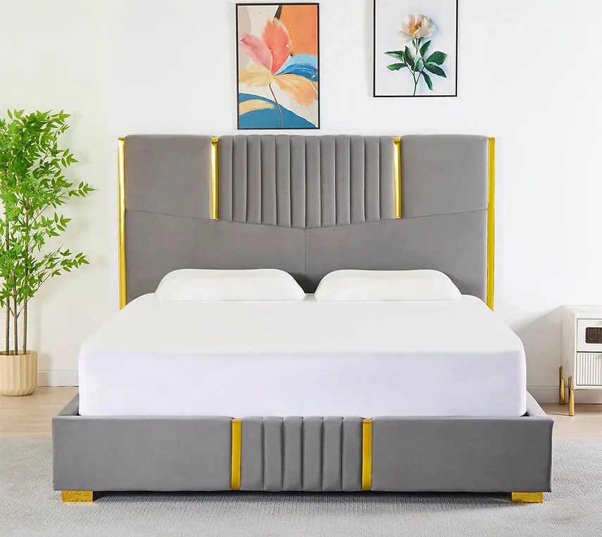 Pat Tapitat din Catifea Gri cu Somiera si Saltea ,   160x200 cm, Cod LB-215