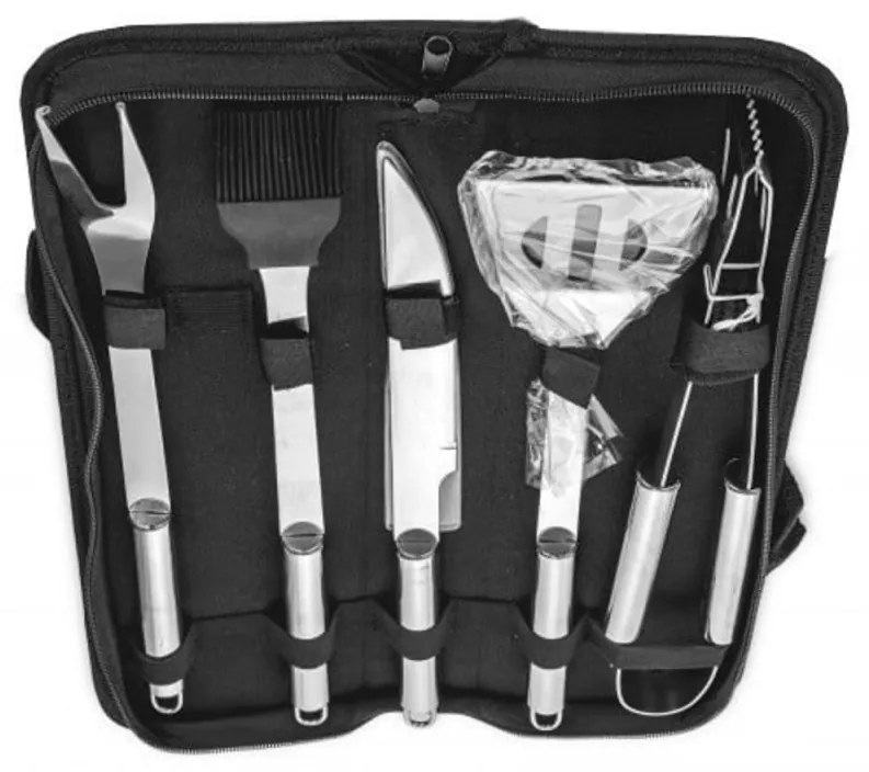 Set 5 ustensile gratar din inox HouseXL BBQ, Cu geanta transport inclusa, Cleste, Spatula, Furculita, Cutit si Perie gratar