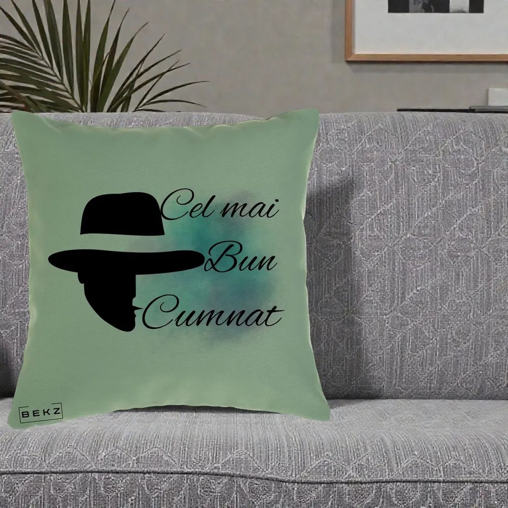 Cadou pentru Cumnat - Perna Personalizata Cel mai Bun Cumnat cu Silueta Palarie si Pete Teal-Roz, 40x40 cm, Verde, Husa Detasabila, Perna Inclusa, BEKZ®
