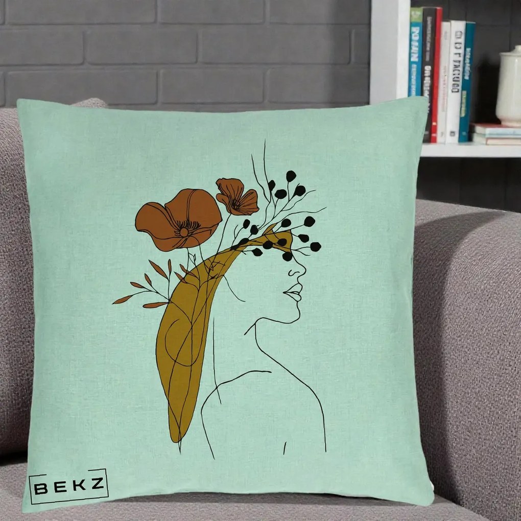 Perna Decorativa Portret Feminin Maci Rosii Auriu, 40x40 cm, Verde Menta, Husa Detasabila, Perna Inclusa, BEKZ®