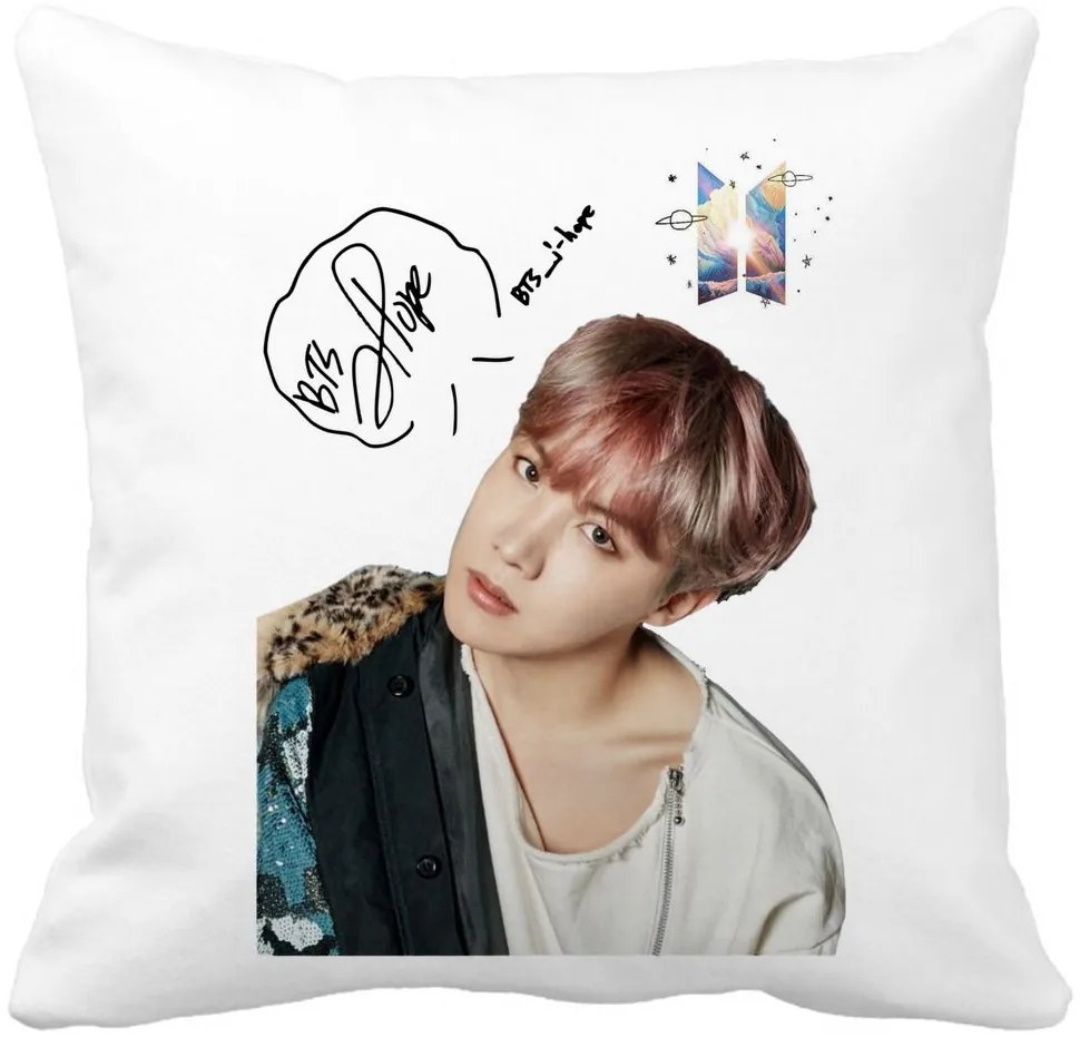 Perna Decorativa BTS J-hope, 40x40 cm, Alba, Mata, Husa Detasabila, Burduf