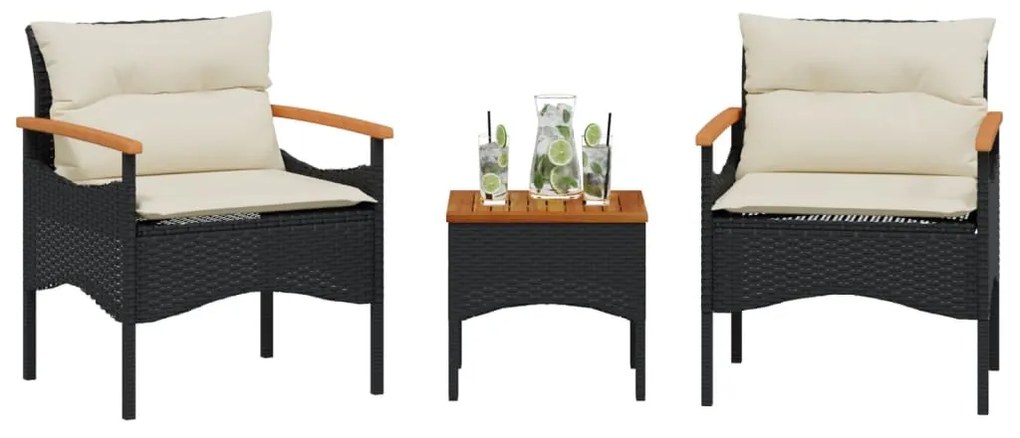 368404 vidaXL Set mobilier de grădină cu perne, 3 piese, negru, poliratan