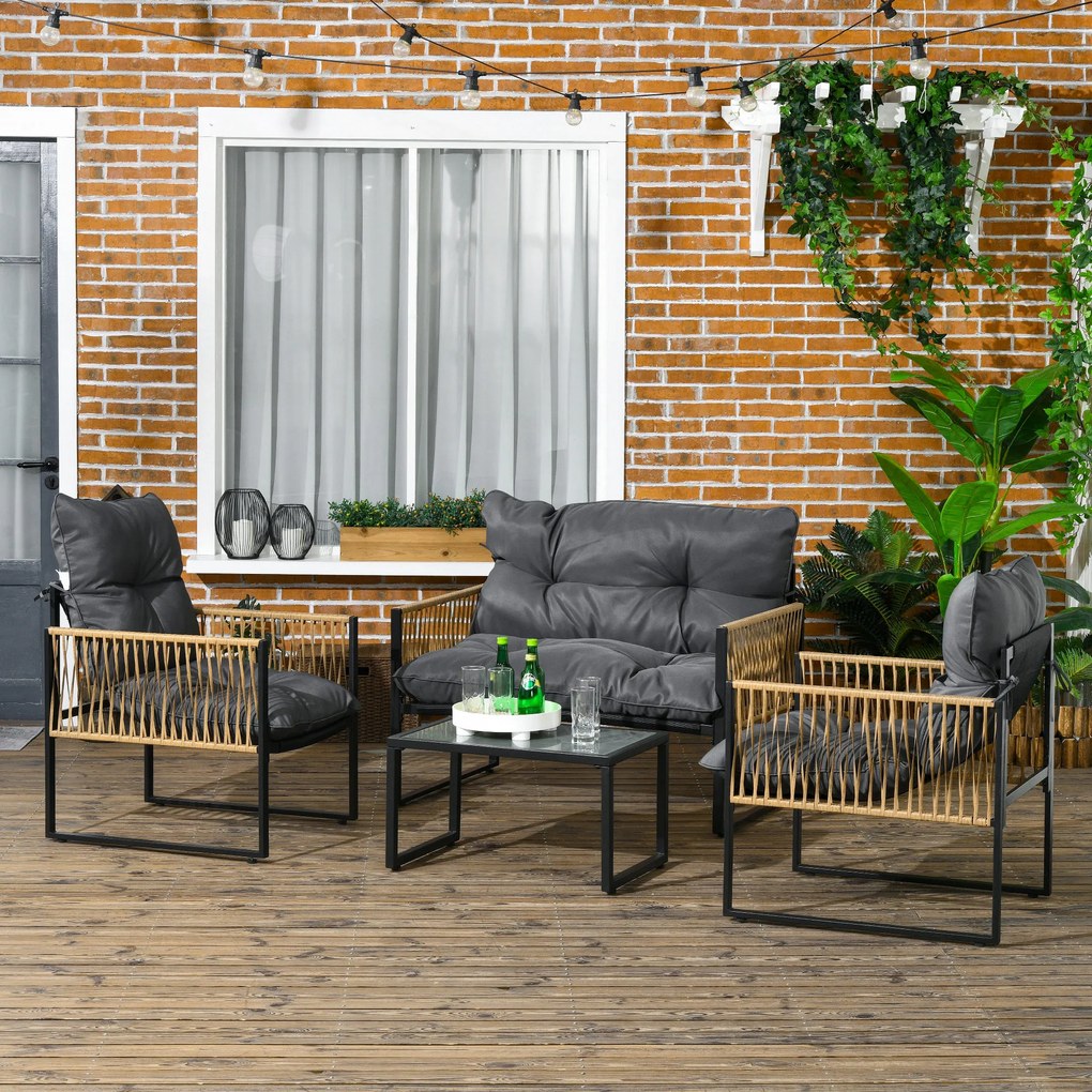 Outsunny Set mobilier grădină 4 piese canapea 2 locuri 2 fotolii și 1 măsuță blat din sticlă securizată 3 perne - gri | Aosom Romania