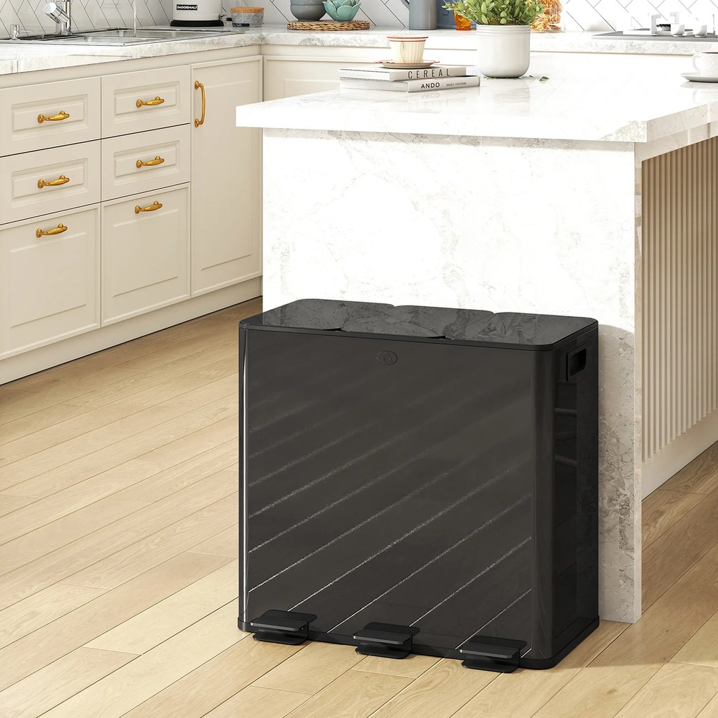 HOMCOM Coș de Gunoi cu 3 Secțiuni de 20L cu Pedală și 2 Capace cu Închidere Silențioasă, Coș de Gunoi din Oțel Inoxidabil și PP, 61.9x36.6x56.7 cm, Negru | Aosom Romania