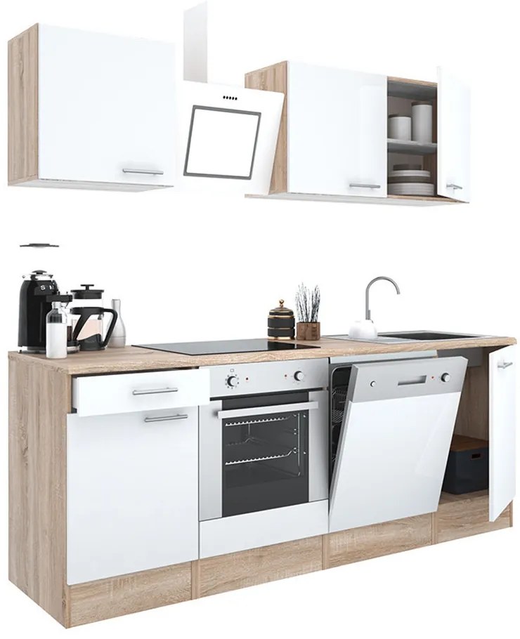 Mobilă de bucătărie Yorki 220, corp din stejar sonoma, față alb satinat cu element inferior al cuptorului