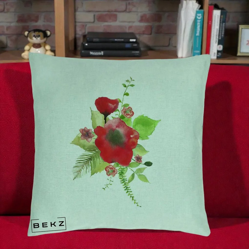 Perna Decorativa Buchet Rosu Acuarela, 40x40 cm, Verde Menta, Husa Detasabila, Perna Inclusa, BEKZ®