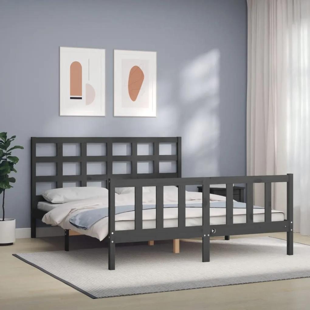 3192108 vidaXL Cadru de pat cu tăblie, gri, king size, lemn masiv