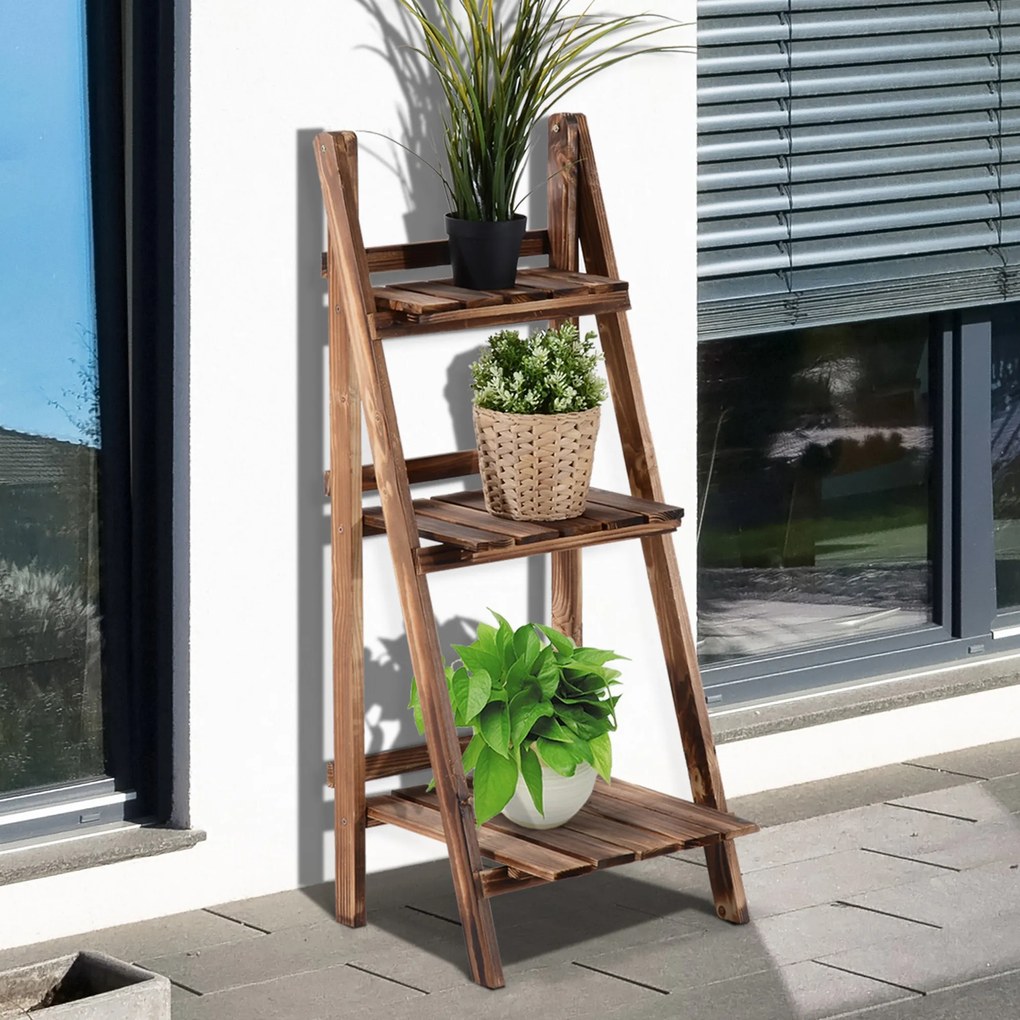 Outsunny Suport pentru Plante Pliabil, Jardinieră cu 3 Niveluri, Raft de Exterior pentru Plante, 40x37x93 cm, Lemn Natural | Aosom Romania