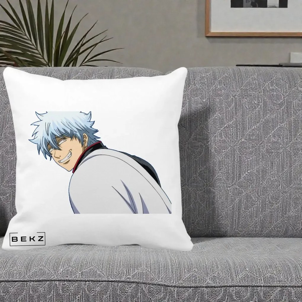 Perna Personalizata Gintama Gintoki Portret cu Zambet, 40x40 cm, Alba Mata, Husa Detasabila, Perna Inclusa, BEKZ®