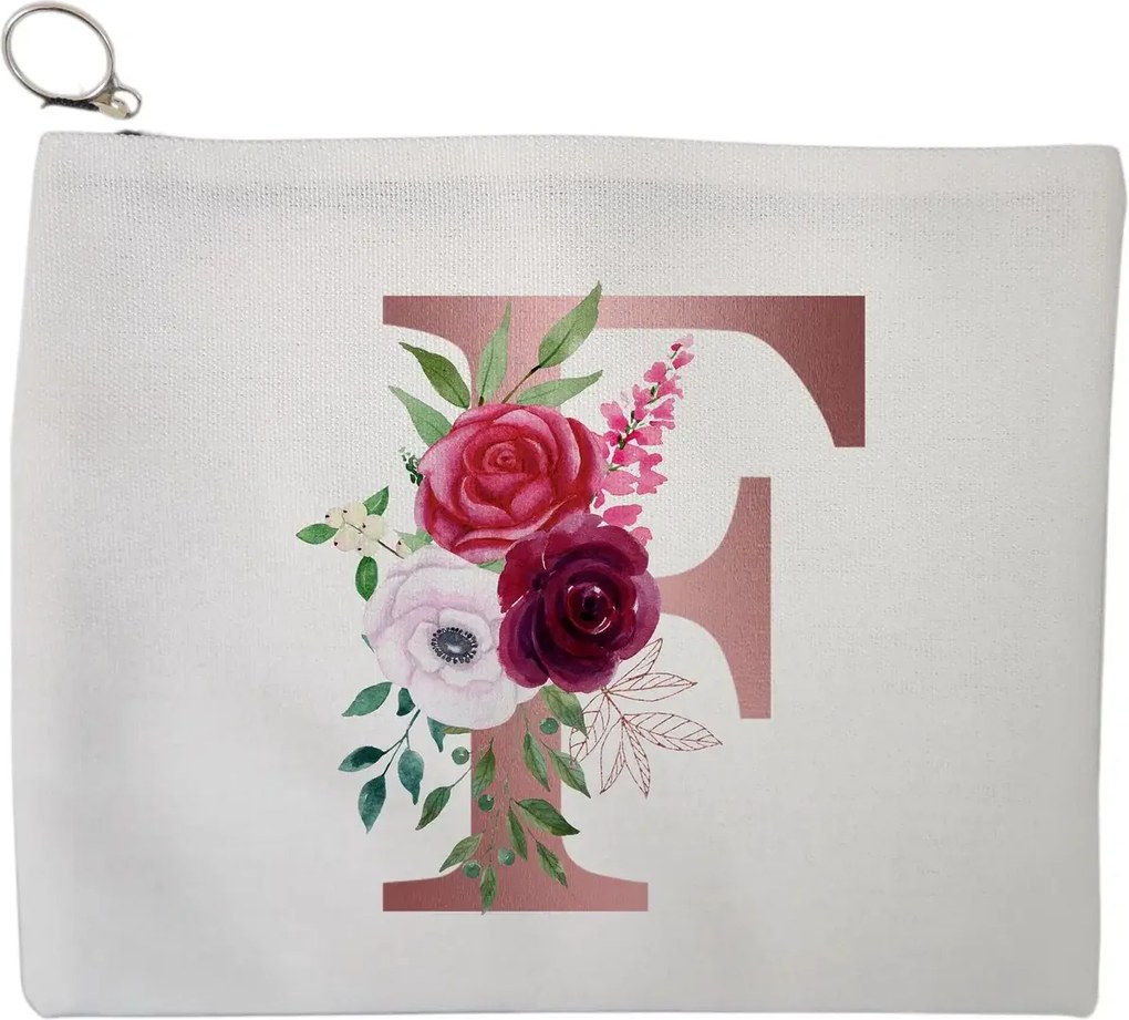 Portfard Cosmetice tip Plic, Cu litera F Rose Gold si Trandafiri, 23x18 cm, Alb, BEKZ®