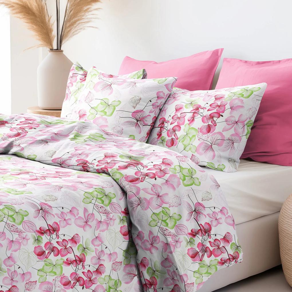 Goldea lenjerie de pat 100% bumbac - flori roz-verde cu frunze 140 x 200 și 50 x 70 cm