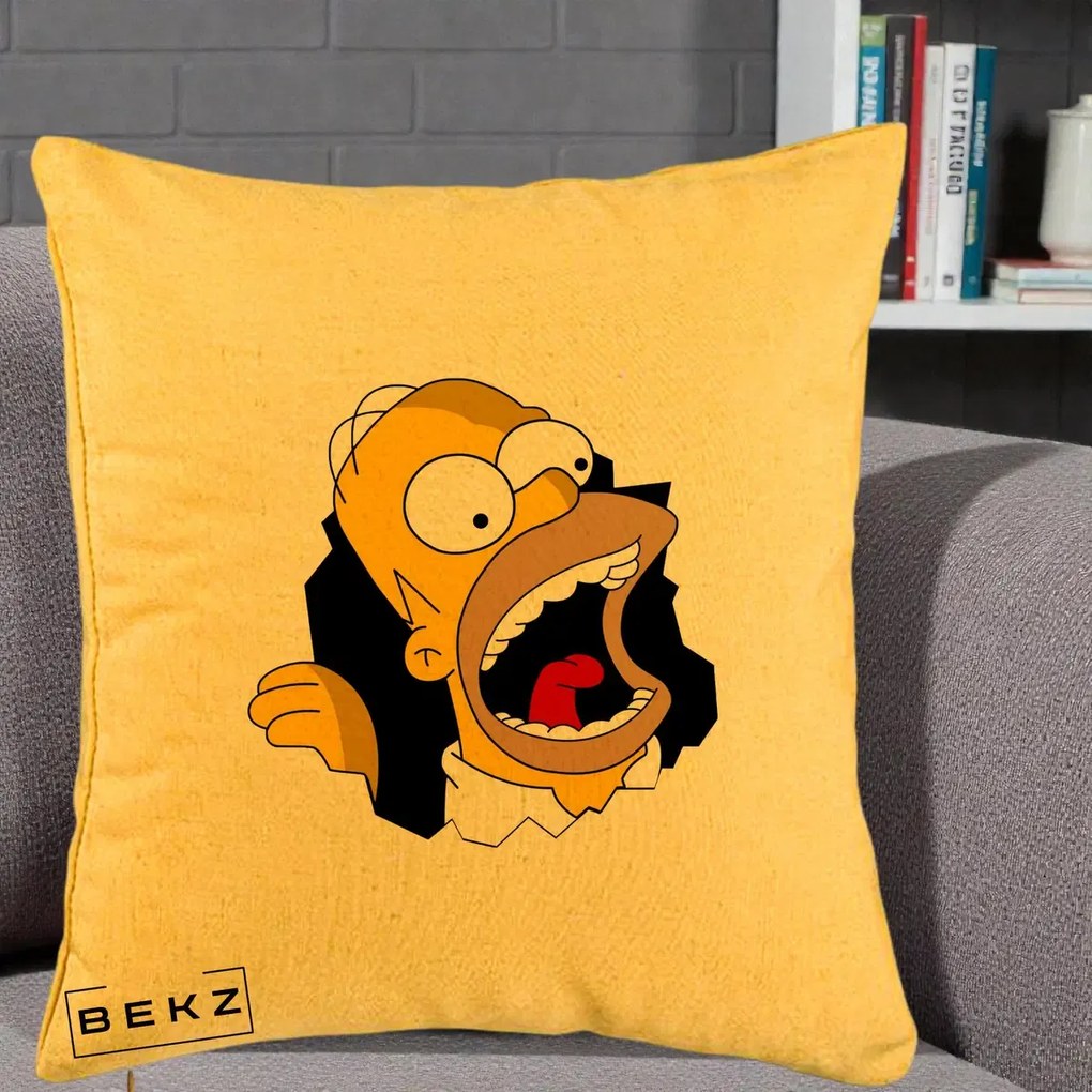 Perna Personalizata Homer Simpson Surpriza, 40x40 cm, Galben, Husa Detasabila, Perna Inclusa, BEKZ®