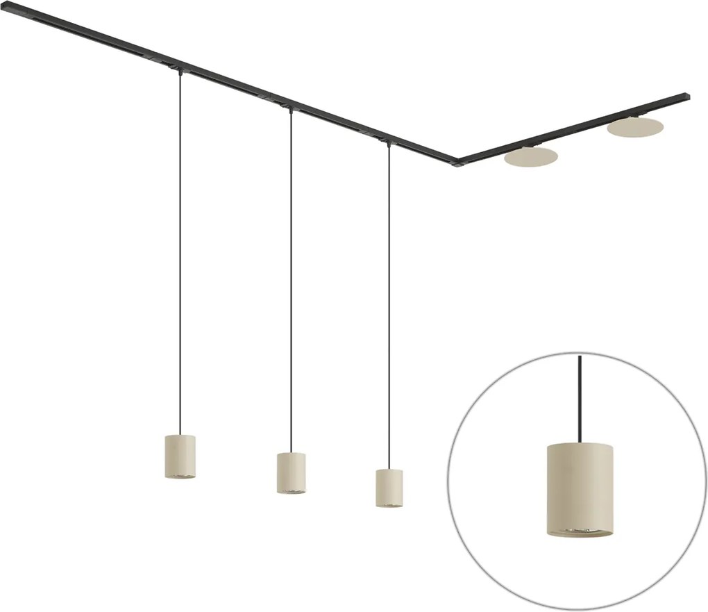 Sistem de iluminat pe șină modern negru cu 3 lămpi suspendate și 2 plafoniere bej monofazate - Iconic Holt Pulley