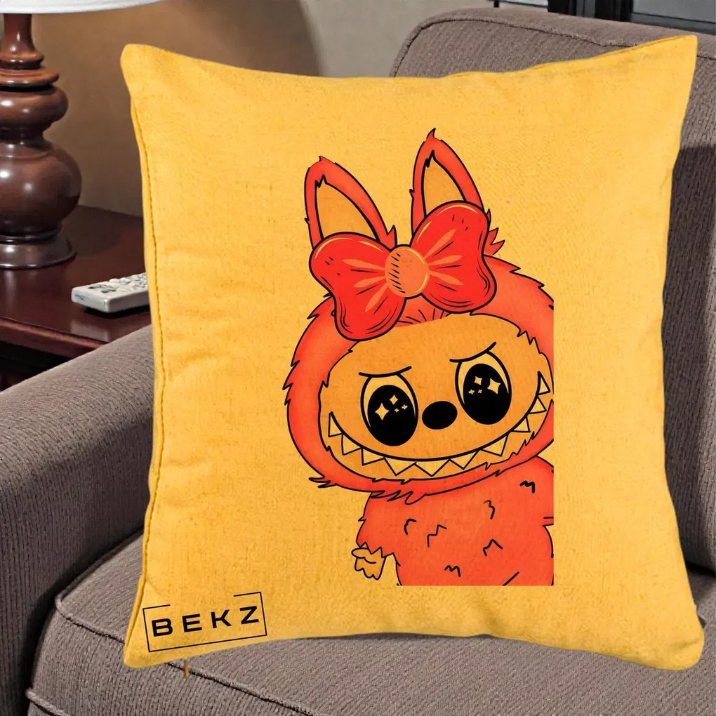Perna Personalizata Labubu Roz cu Funda, 40x40 cm, Galben, Husa Detasabila, Perna Inclusa, BEKZ®