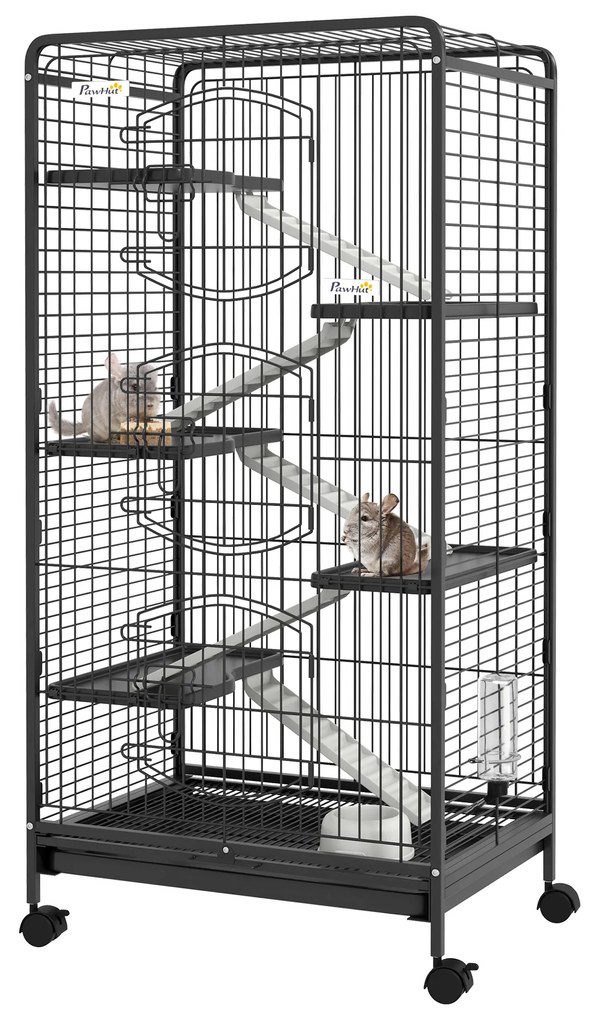 PawHut Cușcă pentru Animale Mici și Rozătoare cu Roți, 5 Rampe și 5 Platforme, 61.5x44x131 cm, Negru | Aosom Romania