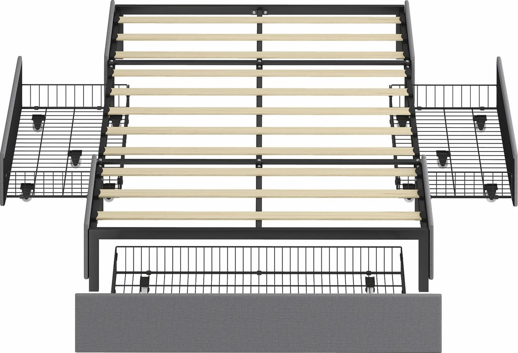 HOMCOM Pat dublu 140x190 cm cu somier, 3 sertare și cadru metalic Capacitate 363 kg Gri | Aosom Romania