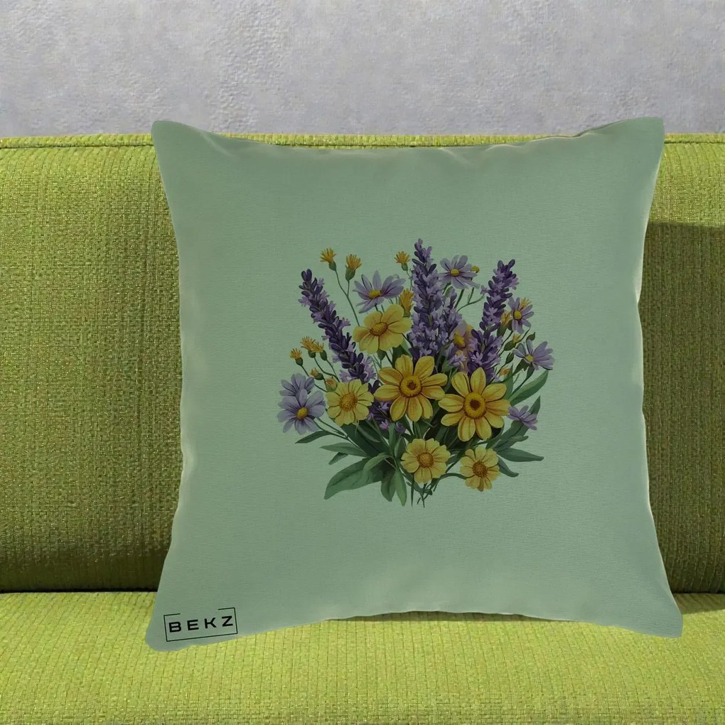 Perna Decorativa Lavanda cu Margarete Galbene si Lila, 40x40 cm, Verde, Husa Detasabila, Perna Inclusa, BEKZ®