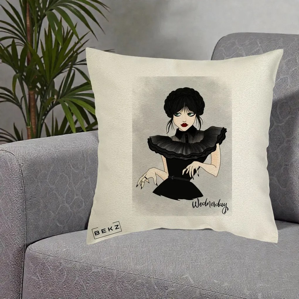 Perna Personalizata Wednesday Addams Portret Gotic, 40x40 cm, Ecru, Husa Detasabila, Perna Inclusa, BEKZ®