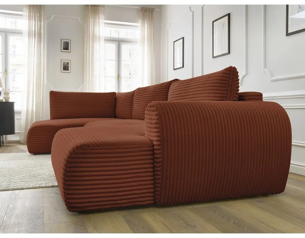 Colțar cărămiziu extensibil/cu spațiu de depozitare cu tapițerie din catifea reiată (cu colț pe partea stângă/în formă de "U") Lucien – Bobochic Paris