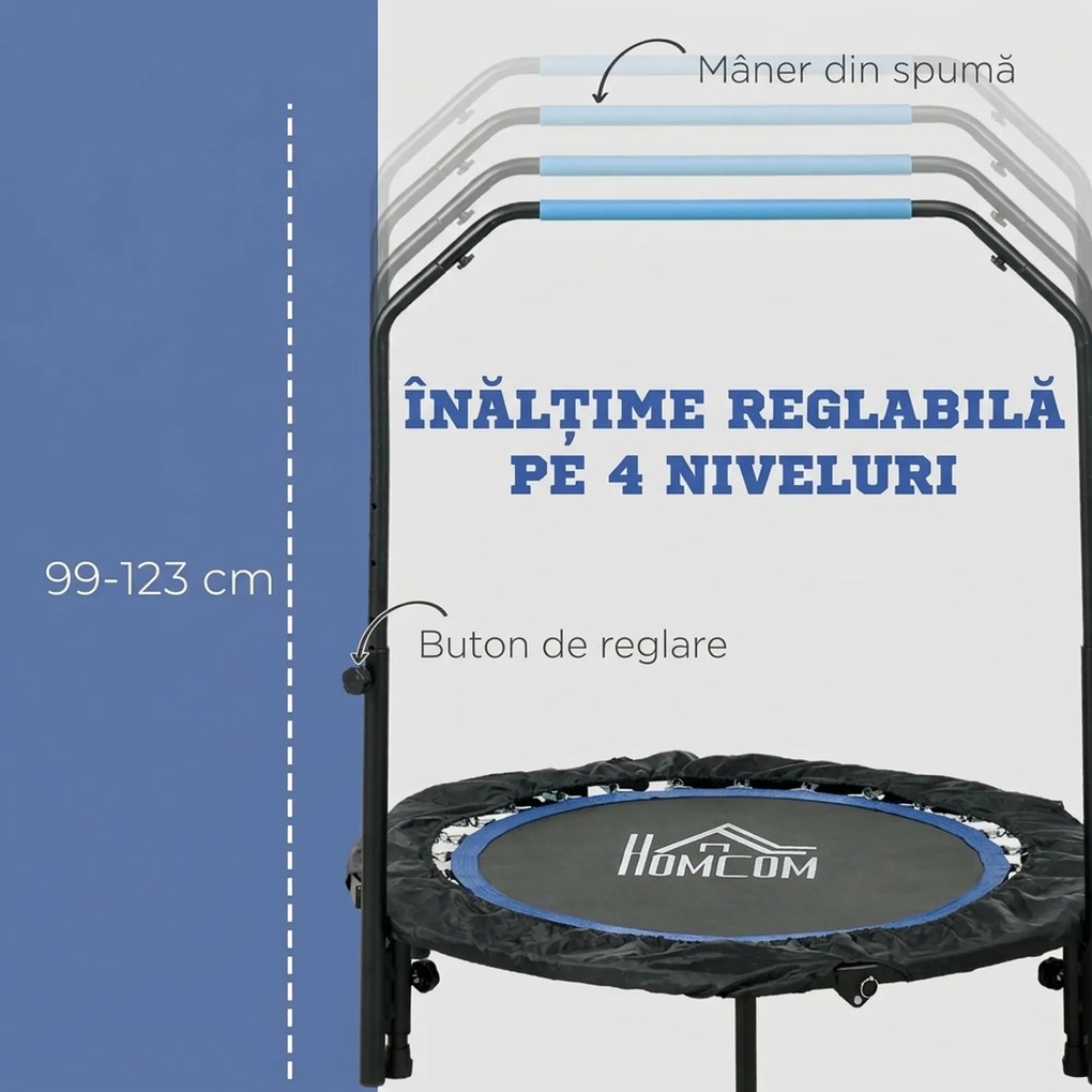 HOMCOM Trambulină Elastică Pliabilă cu Mâner Reglabil, Ø102x99123 cm, Albastru | Aosom Romania