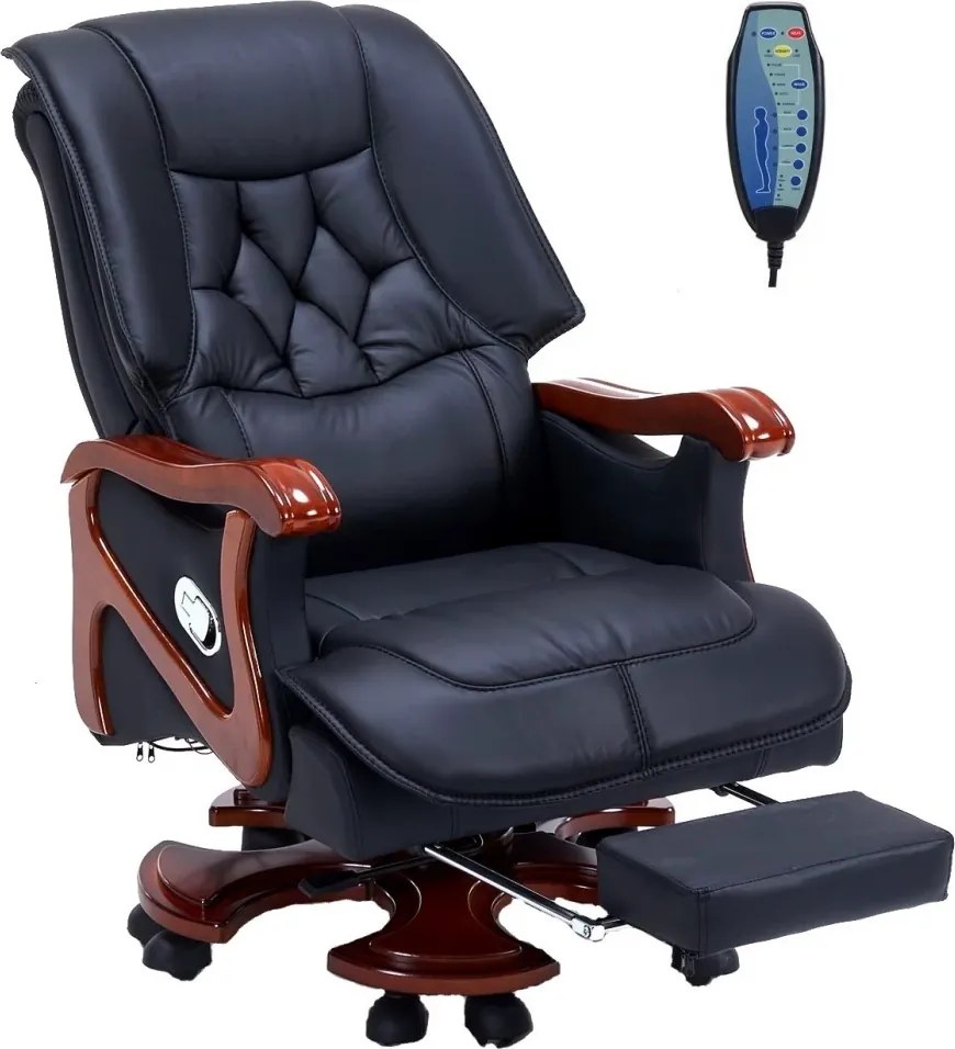 Regal Confort – Scaun directorial din Piele Naturală si Lemn Masiv, Masaj in 7 puncte, Funcție Încălzire, Înclinare 135°, Suport Picioare Extensibil, Sezut cu Arcuri, Telecomandă, Negru