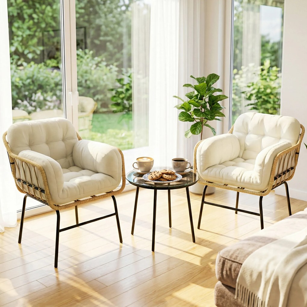 Outsunny Set mobilier exterior 3 piese din rășină împletită, masă din sticlă securizată, 2 fotolii cu perne, 62x73x79cm, Kaki | Aosom Romania