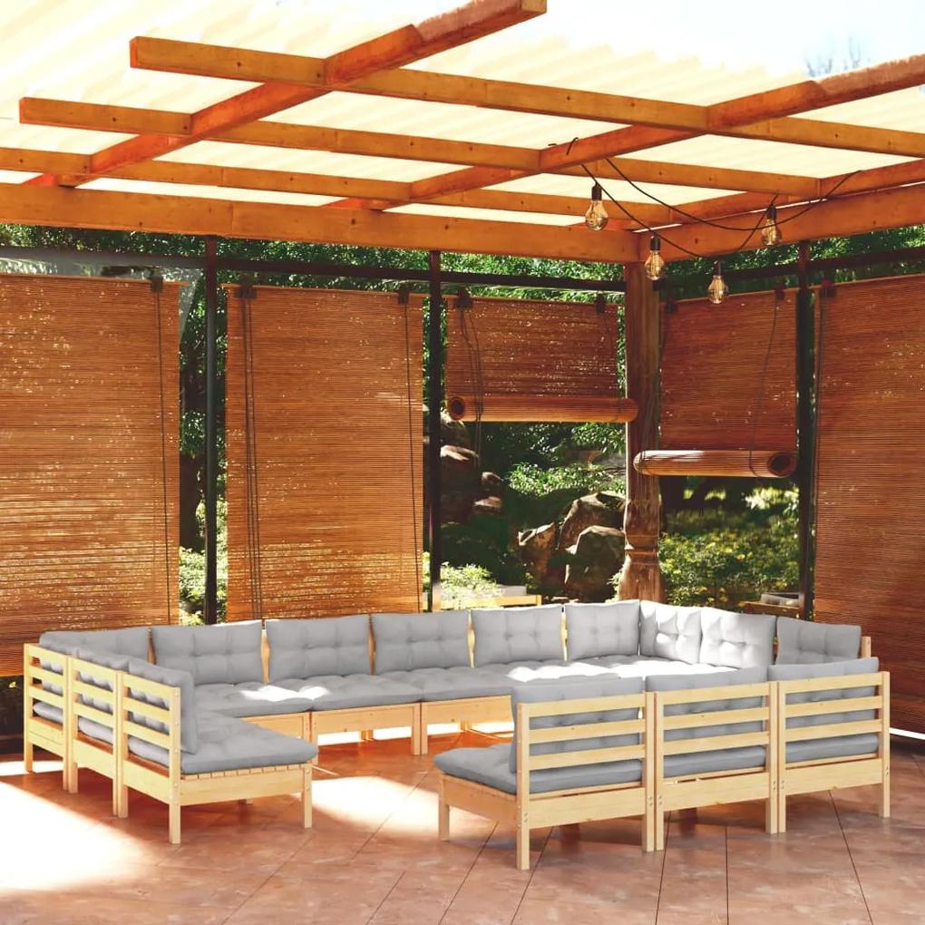 3097234 vidaXL Set mobilier grădină cu perne, 13 piese, gri, lemn masiv pin