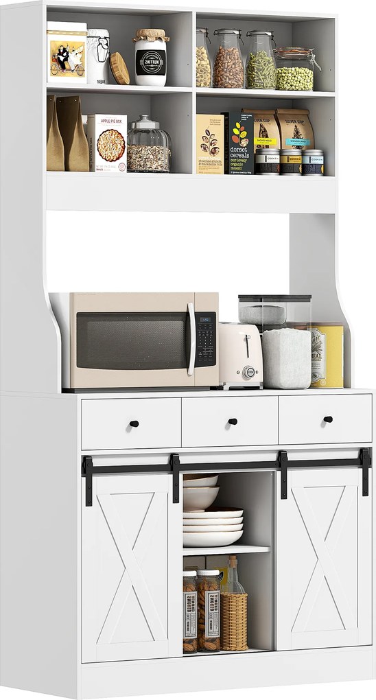 HOMCOM Dulap de bucătărie cu 2 uși glisante 3 sertare Blat pentru cuptor cu microunde și rafturi reglabile Alb 93,5x40x180cm | Aosom Romania