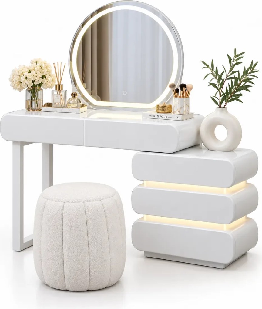 Set ÉLORIA — Masă de Toaletă pentru Machiaj cu Oglindă iluminată LED, 3 culori, Control Touch, Comodă cu sertare iluminate, Taburet, Alb
