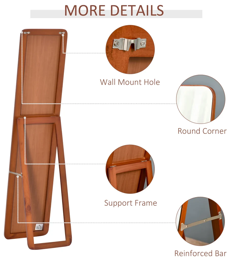 HOMCOM Oglindă de Podea cu Cadru din Lemn, Design Elegant, 43x37x156 cm | Aosom Romania