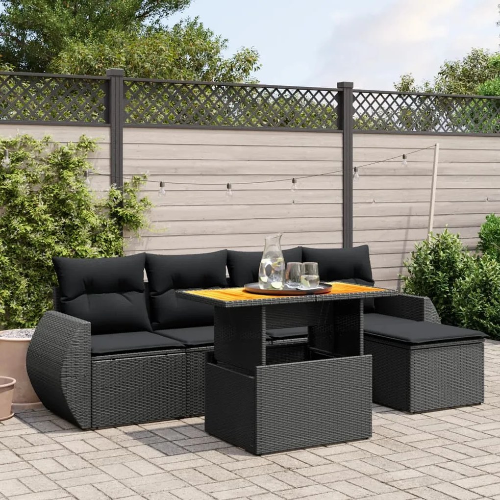 3272168 vidaXL Set mobilier de grădină cu perne, 6 piese, negru, poliratan