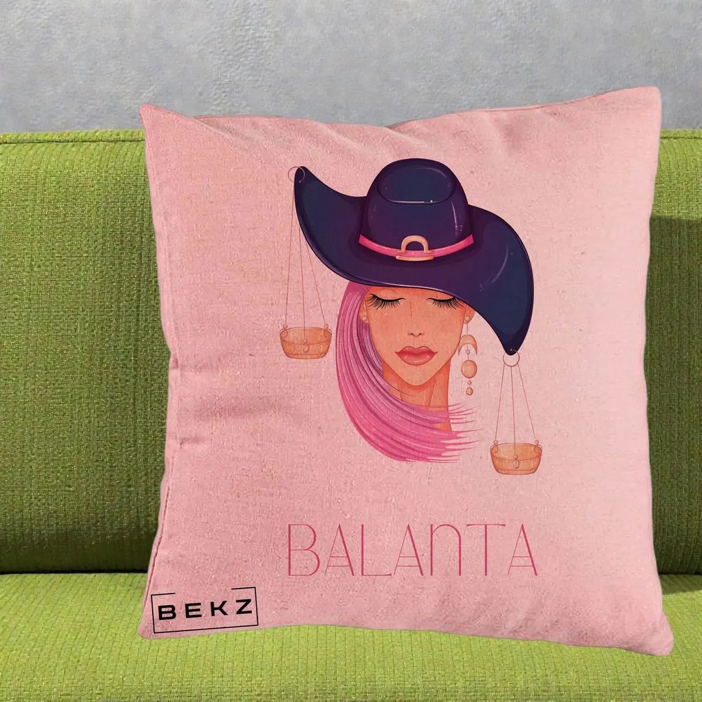 Perna Personalizata Zodiac Balanta Cowgirl, 40x40 cm, Roz, Husa Detasabila, Perna Inclusa, BEKZ®