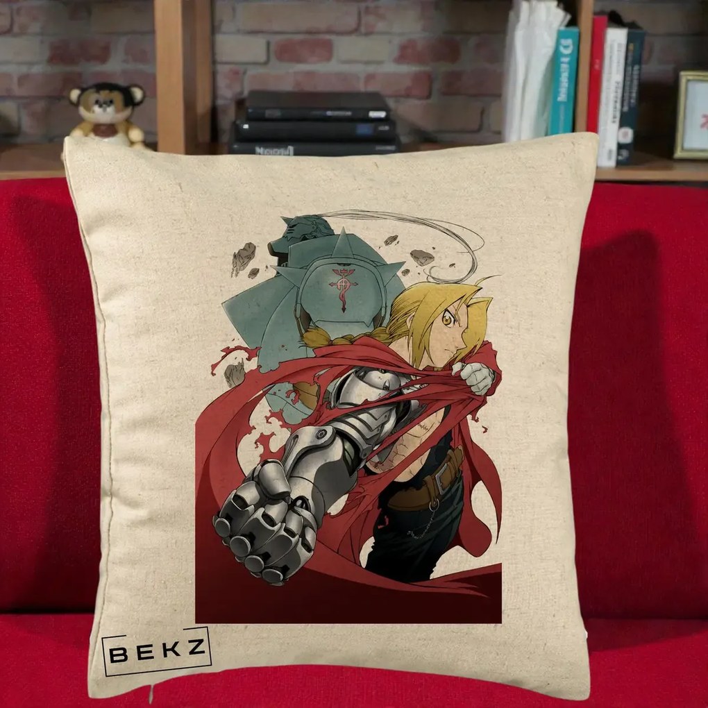 Perna Personalizata Fullmetal Alchemist Brotherhood Edward si Al Poster, 40x40 cm, Bej, Husa Detasabila, Perna Inclusa, BEKZ®