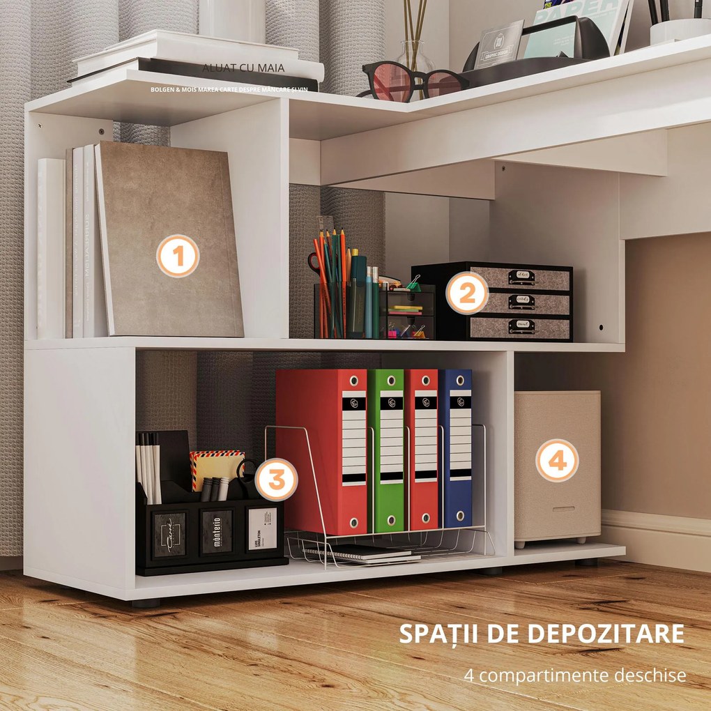 HOMCOM Birou în Formă de L cu 4 Compartimente de Depozitare, 120x100x77 cm, Alb Lucios | Aosom Romania