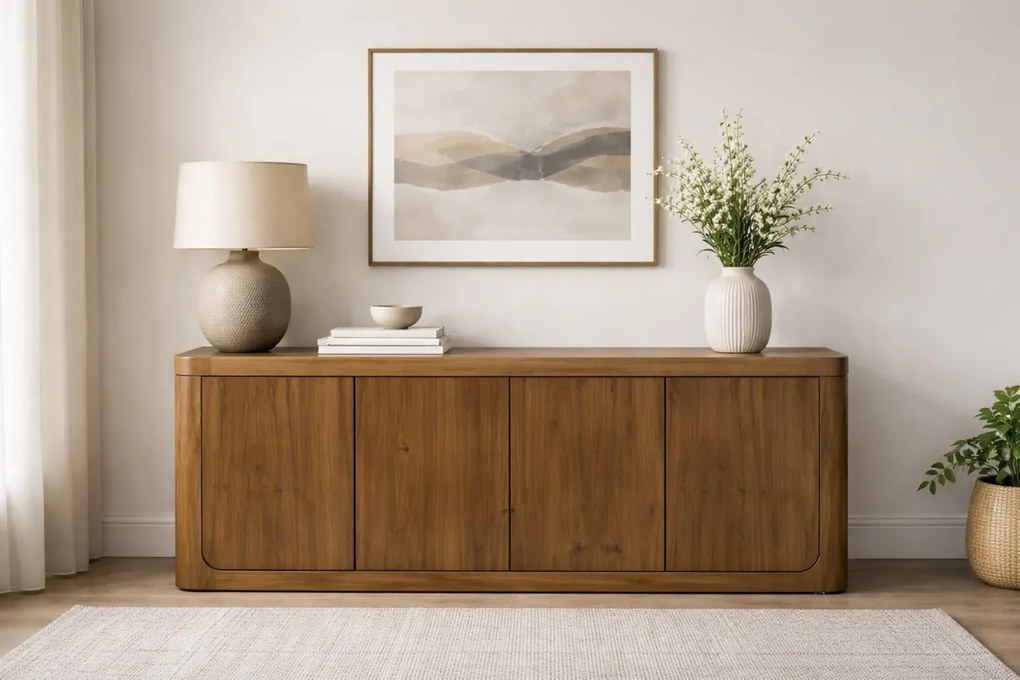 Bufet living din lemn de pin reciclat, maro, cu 4 uși și colțuri rotunjite, 82 x 210 x 45 cm, „Dieppe”