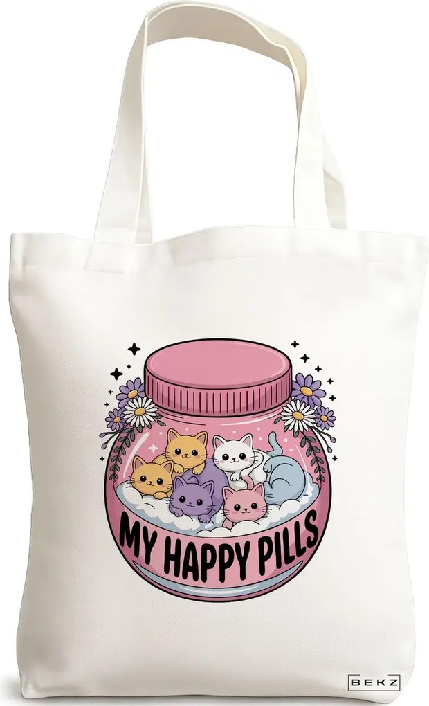 Sacosa de Panza pentru Cumparaturi, Geanta Tote, model My happy pills 38 x 34.5 cm, Alba, BEKZ®