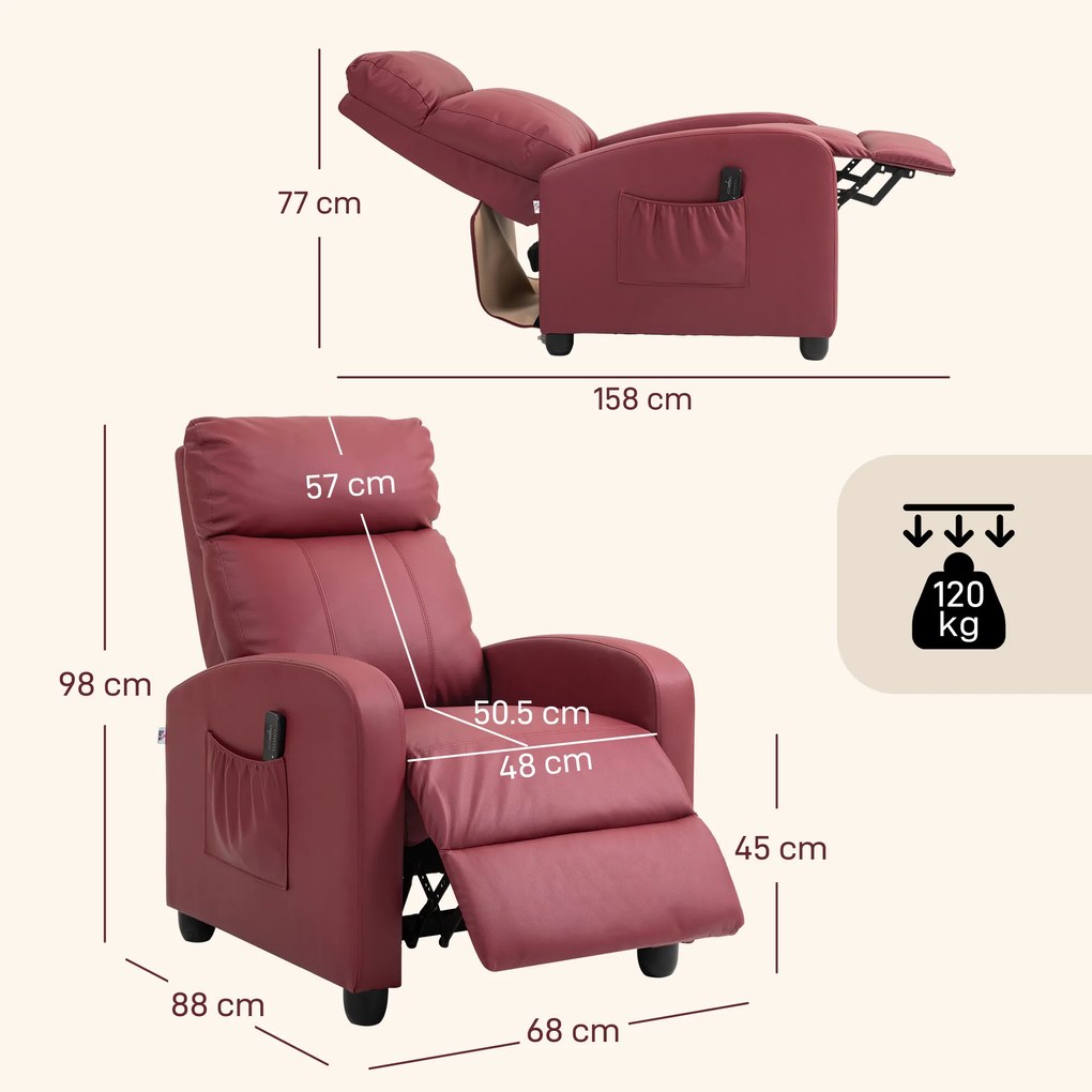 HOMCOM Fotoliu de Masaj cu 8 Moduri, 5 Intensități,  Suport pentru Picioare și Telecomandă, 68x88x98 cm, Roșu | Aosom Romania