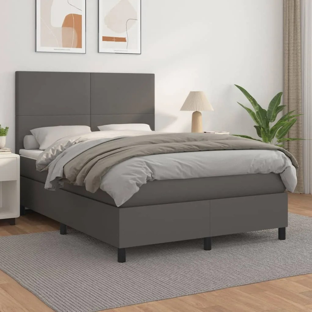 3142723 vidaXL Pat box spring cu saltea, gri, 140x190 cm, piele ecologică