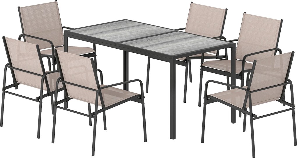 Outsunny Set masă și scaune pentru grădină cu masă cu efect lemn și 6 scaune cu șezut respirabil pentru terasă patio kaki | Aosom Romania