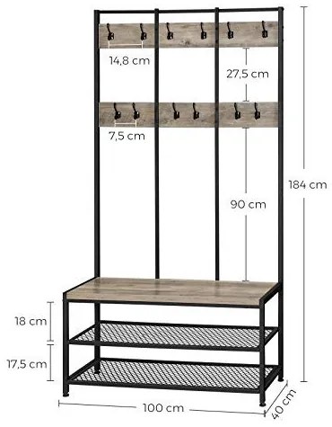 Cuier cu suport pantofi, 100 x 40 x 184 cm, PAL melaminat, grej / negru, Vasagle