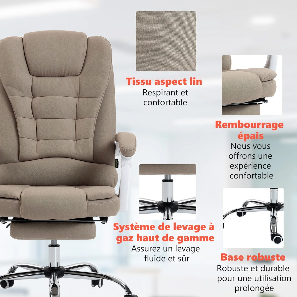 Vinsetto Fotoliu de birou executiv cu masaj și încălzire, înălțime reglabilă, spătar rabatabil, stofă din in, bej | Aosom Romania