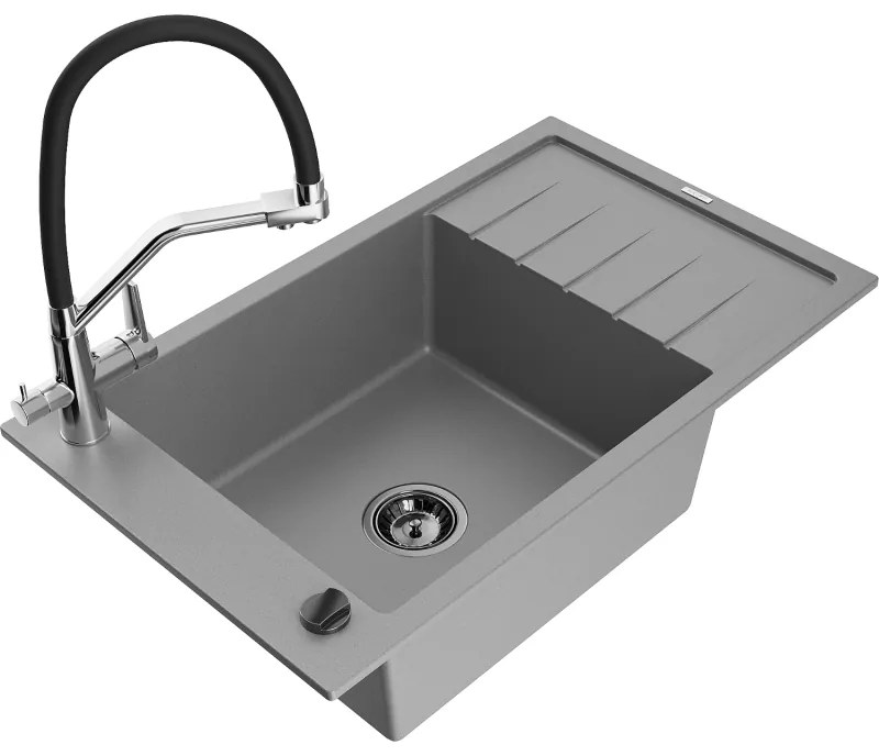 Mexen Elias chiuvetă de granit cu un compartiment, cu picurător și baterie de bucătărie Duo, Gri - 6511-71-671701-07-B