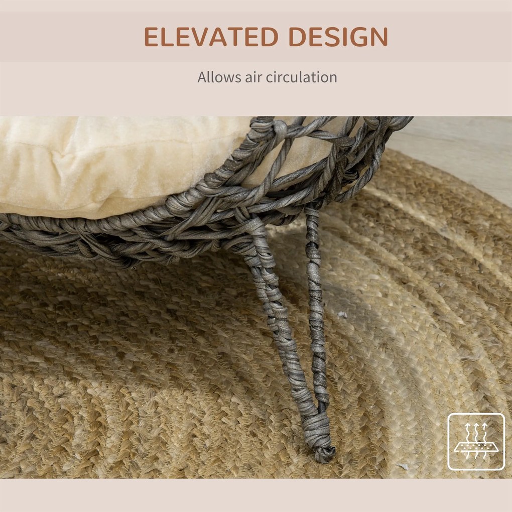 PawHut Coș pisică pat înălțat pisică cozi cuib confort pernă pufoasă inclusă rășină imitând răchita Ø 52 x 58H cm gri | Aosom Romania